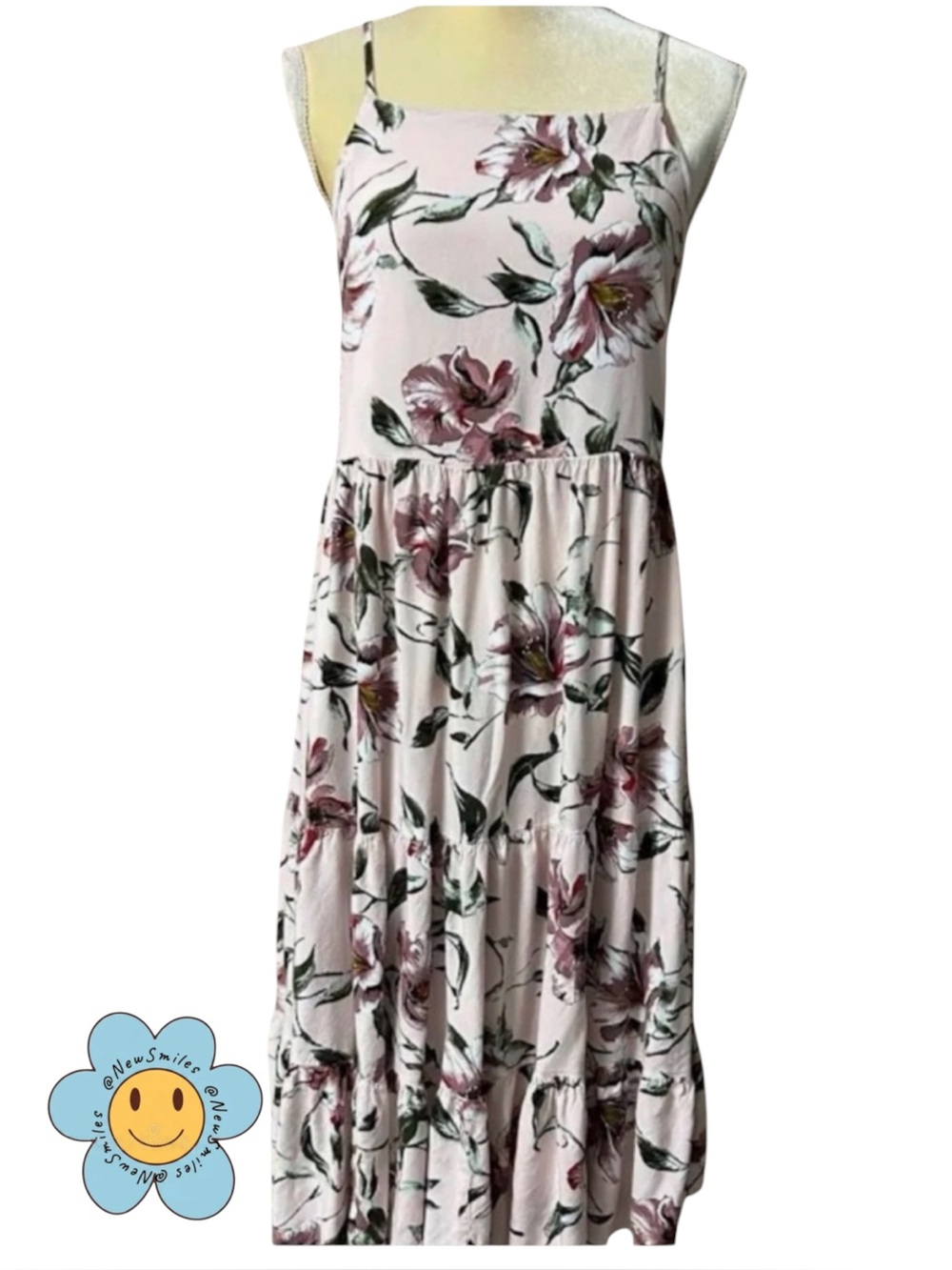 Pink Floral ~ Midi Dress ~ Adjustable Lace-up Back & Straps ~ Sz Large